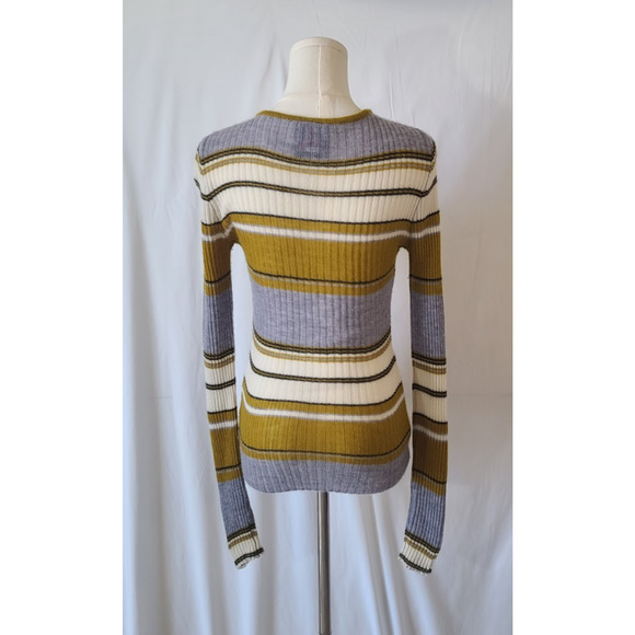 Happy Sheep Womens Yellow Gray Cream Striped Cashmere Sweater Small - Picture 4 of 5